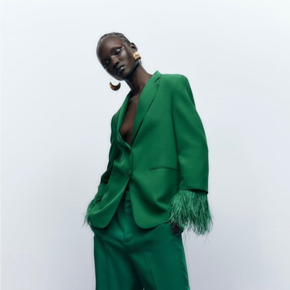 Zara Green Straight Cut Feather Blazer